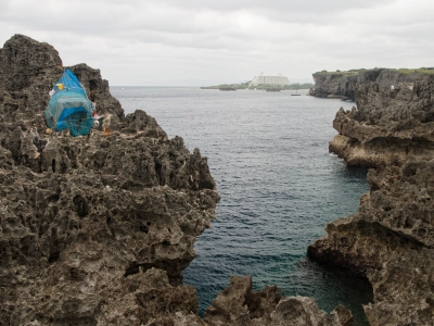 fishing camp on sharp rocks