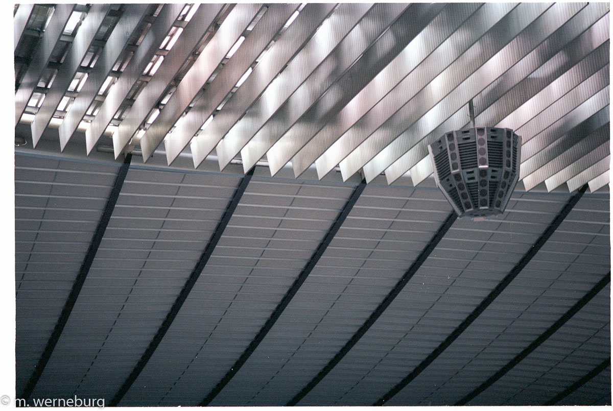 sound system under the ceiling of a stadium